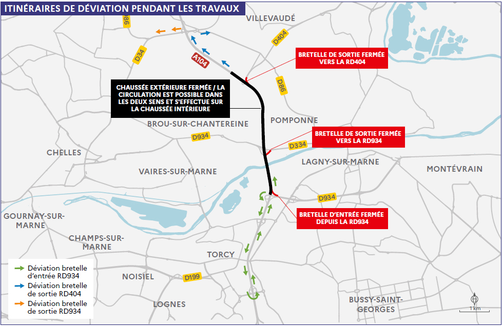 Carte des déviations sur l'A104 entre Villevaudé et Torcy pendant les travaux : chaussée extérieure fermée, trois bretelles fermées avec itinéraires de déviation.