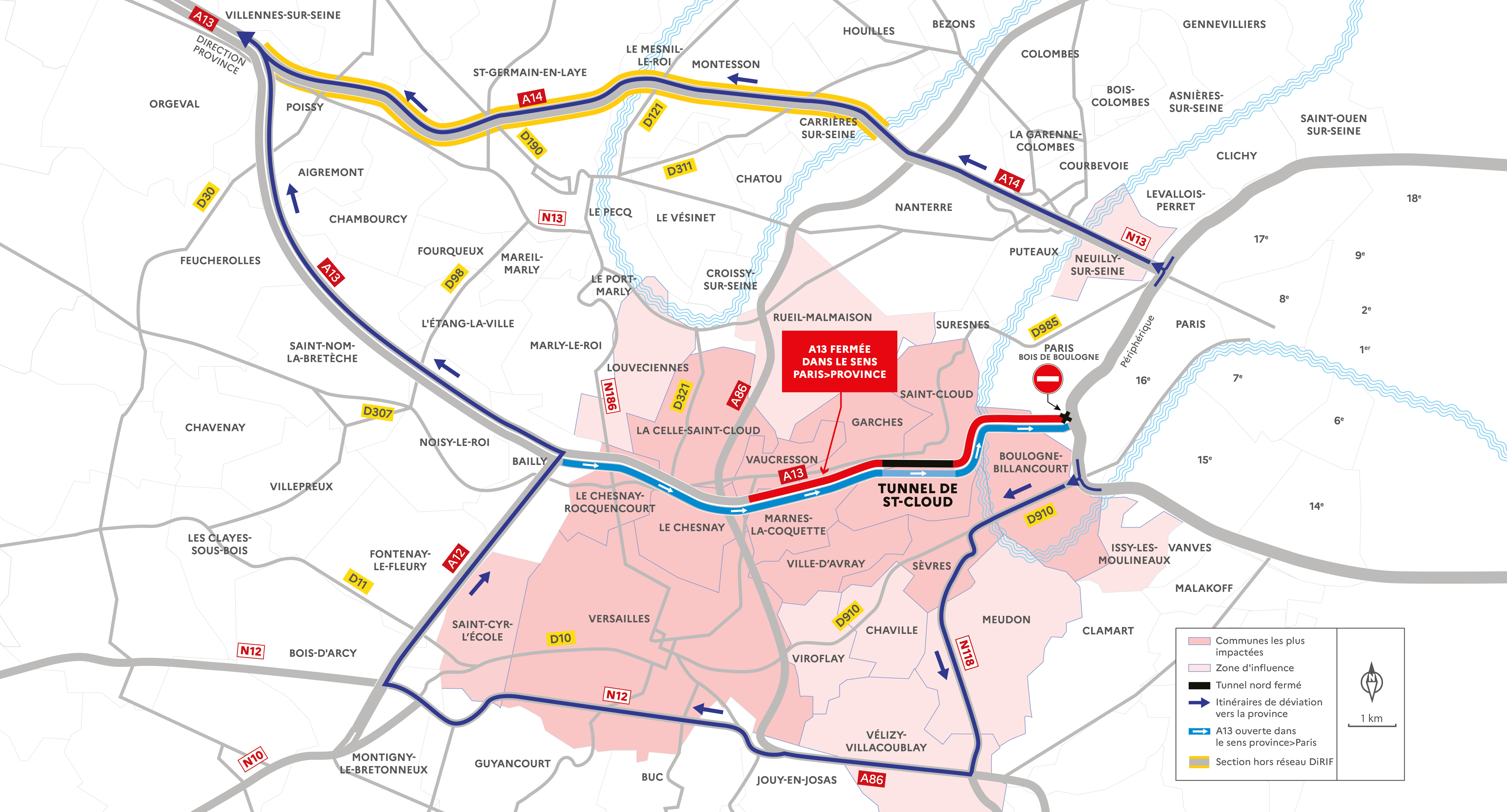 Itinéraires de déviation - Fermeture de l'A13 dans le sens Paris-province