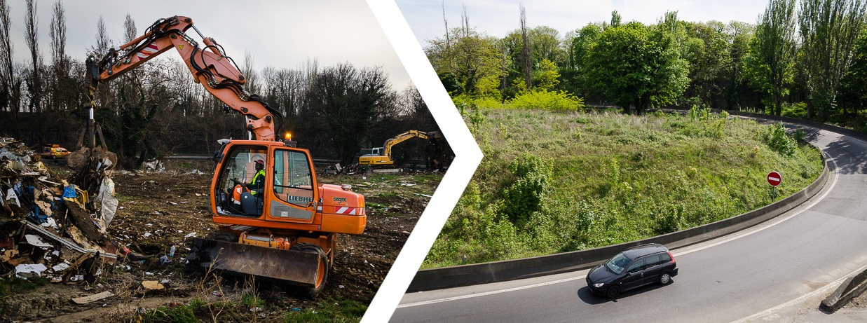 Évacuation des déchets et modelage du terrain sur une bretelle de l’autoroute A1 à Saint-Denis en 2015, et la même bretelle 2 ans après