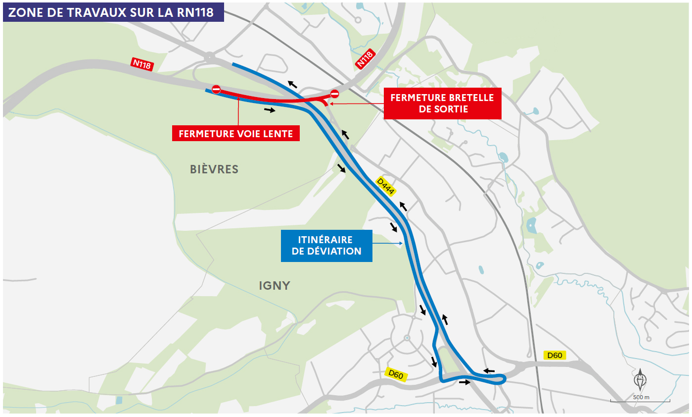 Carte de la zone de travaux sur la RN118 à Bièvres, avec fermeture de la voie lente, fermeture de la bretelle de sortie et itinéraire de déviation.