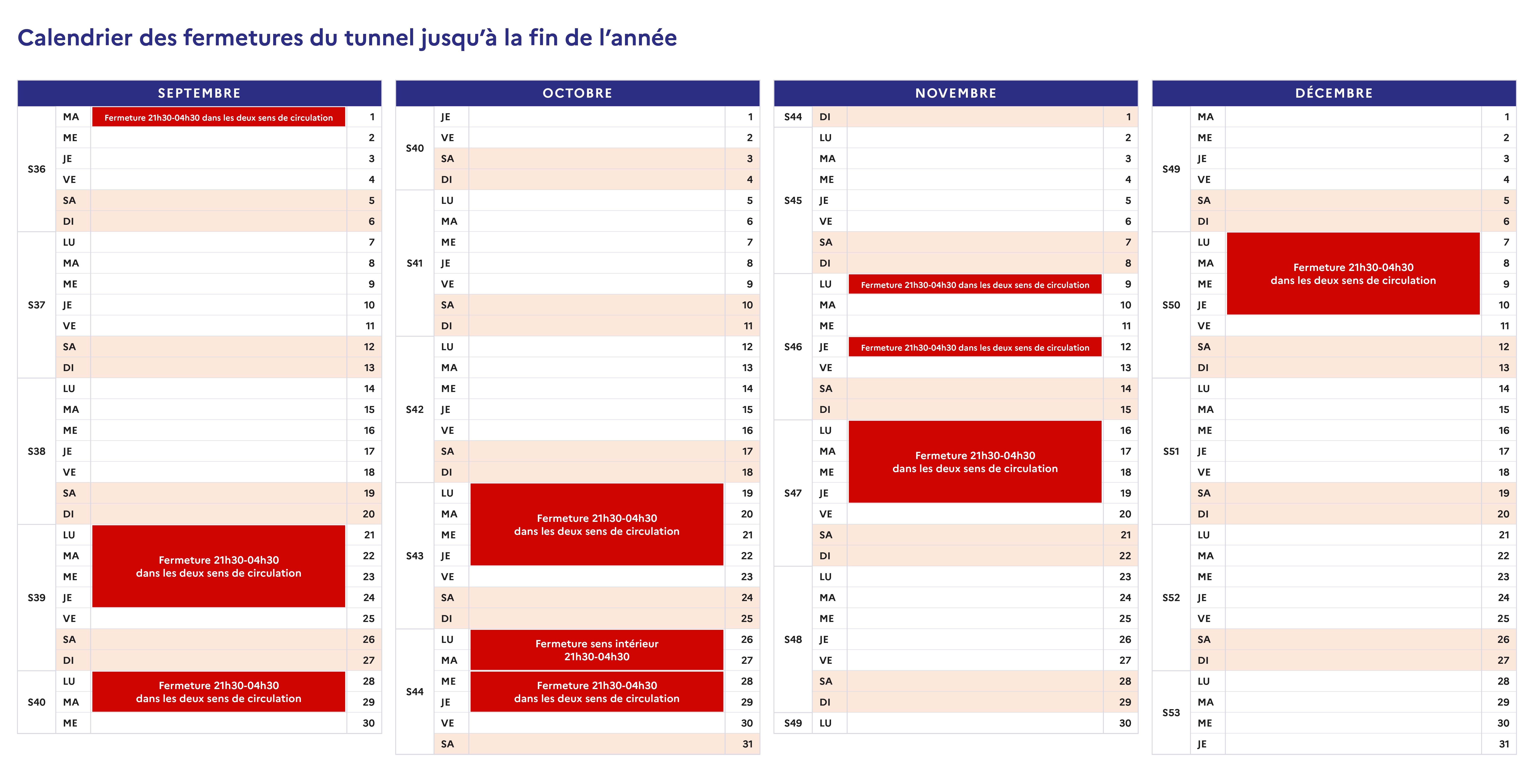 Calendrier des fermetures de nuit jusqu'à la fin 2026 - voir la transcription ci-dessous