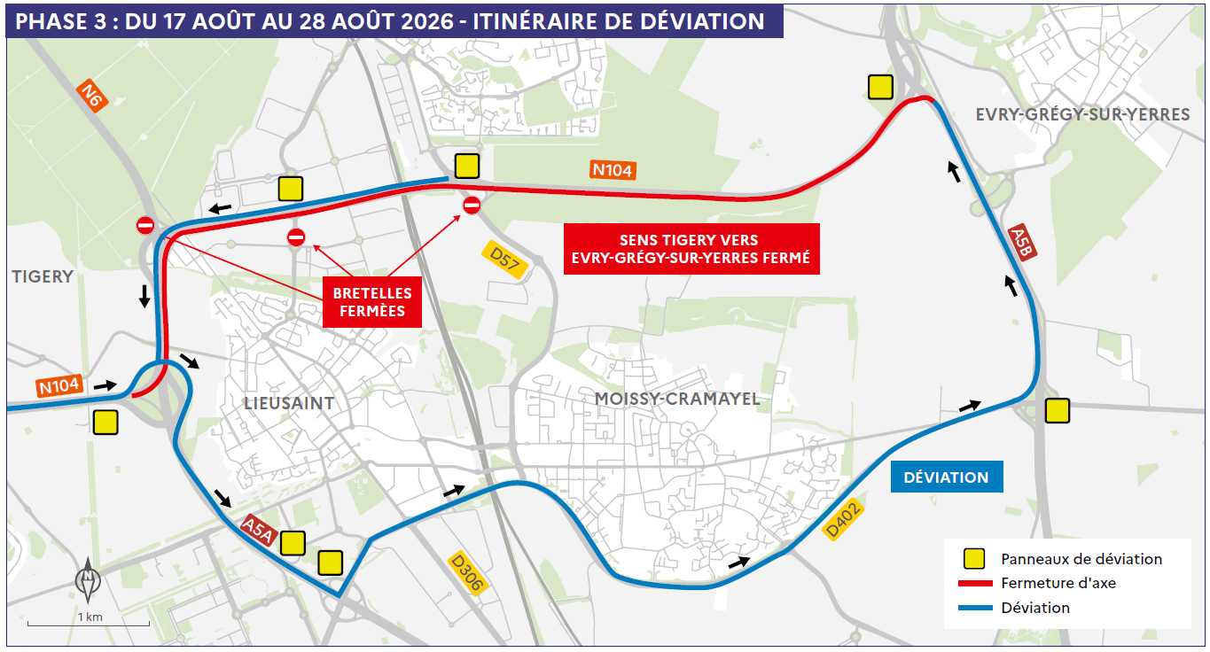 Schéma de déviation RN104 phase 3 : fermeture du sens Tigery vers Évry-Grégy-sur-Yerres, du 17 au 28 août 2026