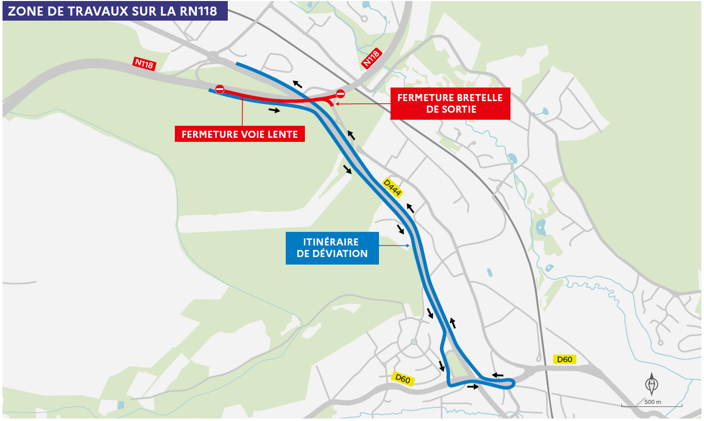 Carte de la zone de travaux sur la RN118 à Bièvres, avec fermeture de la voie lente, fermeture de la bretelle de sortie et itinéraire de déviation.