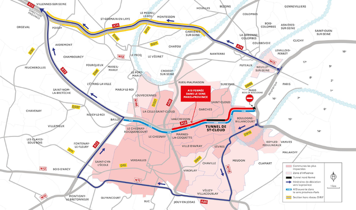 Itinéraires de déviation - Fermeture de l'A13 dans le sens Paris-province