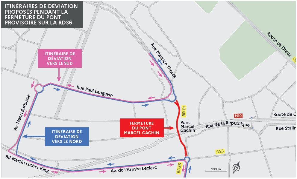Itinéraire de déviation proposés pendant la fermeture du pont provisoire sur la RD36